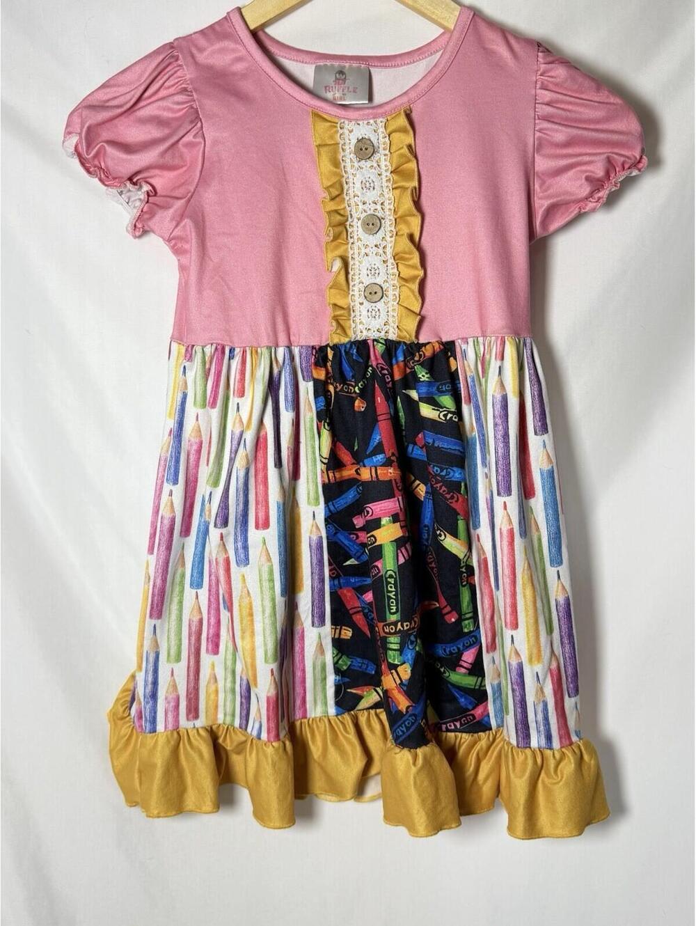 Ruffle Girl Dress Pink Colorful Crayons Pencil Dress Buttons School  XL (5-6)